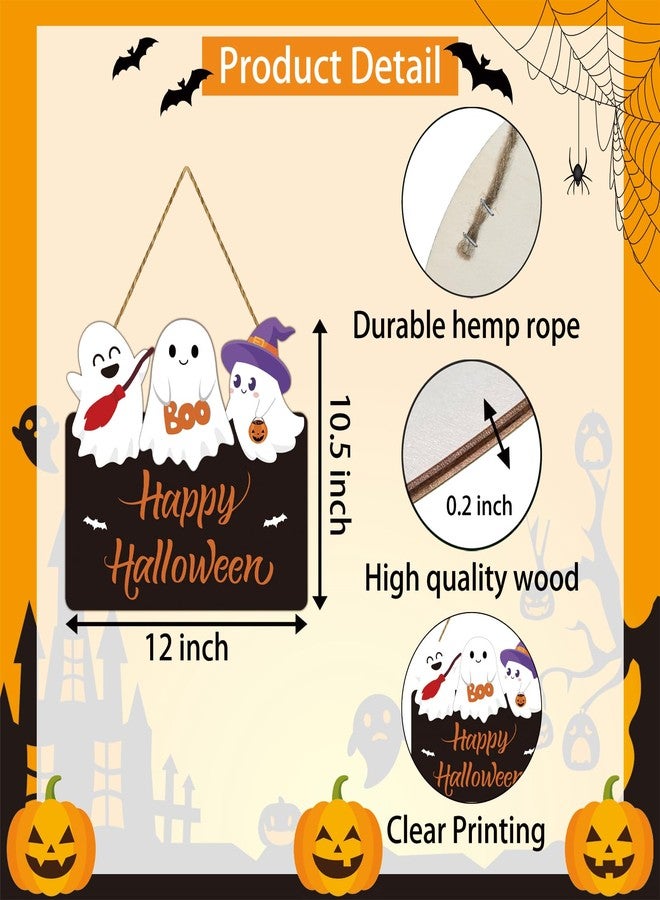YUNKKIN Halloween Door Decorations Cute Ghost Decor Wreath Happy Halloween Sign Wooden Front Door Hanger Bat Ghost Hanging Sign Wreath for Wall Indoor Home Decor - Image 2